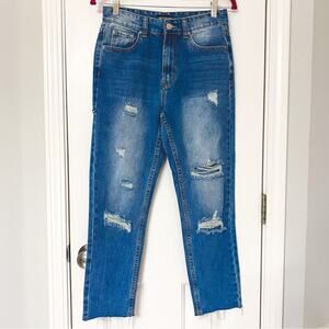 PRETTYLITTLETHING • Distressed Straight Leg Cropped Denim Blue Jeans